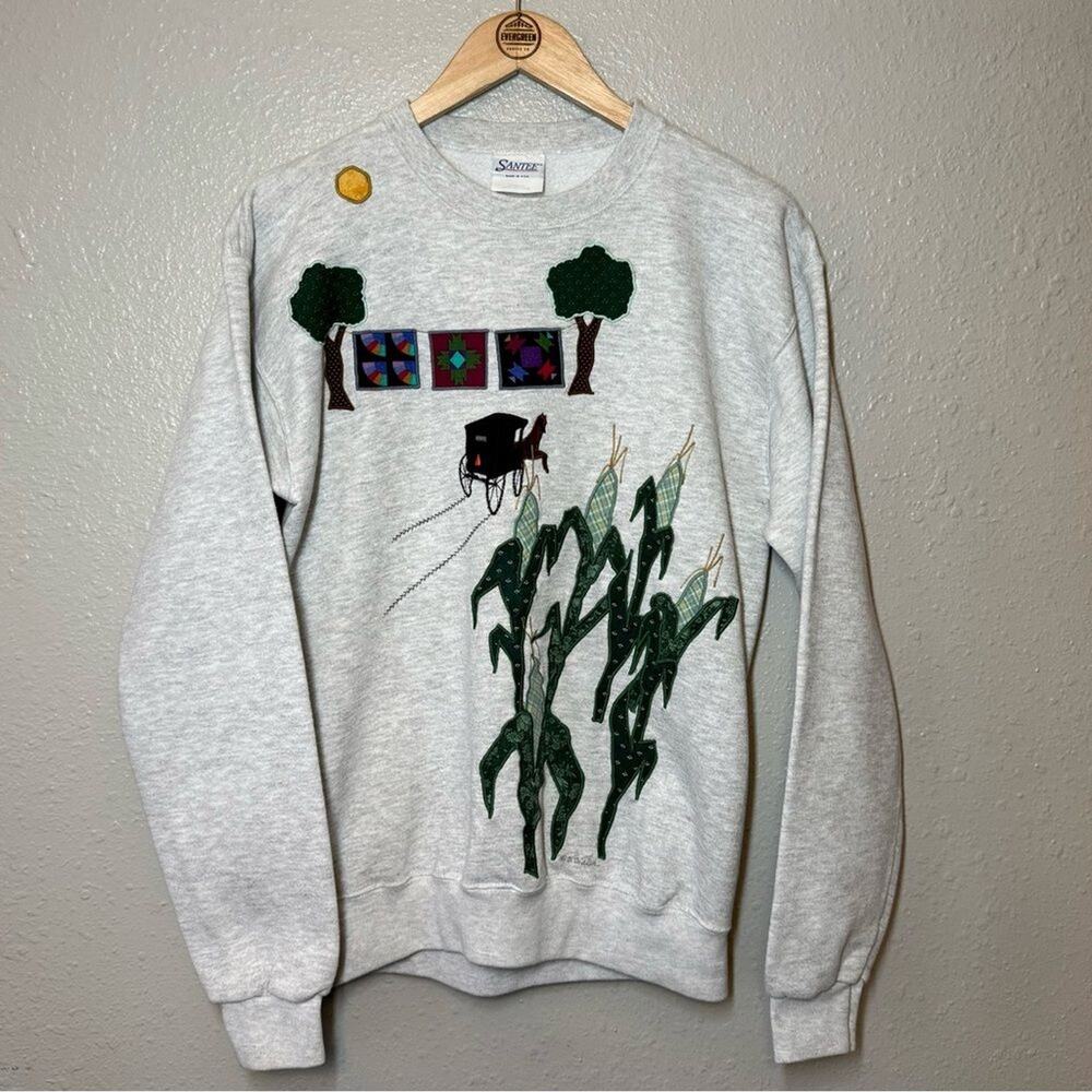 VTG Sweatshirt Amish Farm Corn Quilt Embroidered Handmade Santee Unisex Small - Picture 2 of 12